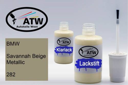 BMW, Savannah Beige Metallic, 282: 20ml Lackstift + 20ml Klarlack - Set, von ATW Autoteile West.